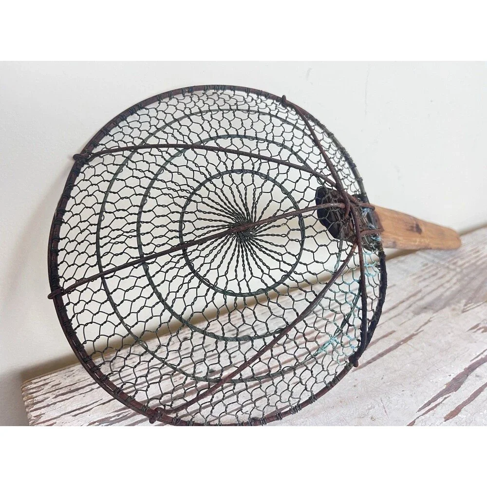 Large Vintage Rustic Bamboo Handle Brass Wire Mesh Strainer Skimmer 19” JAPAN